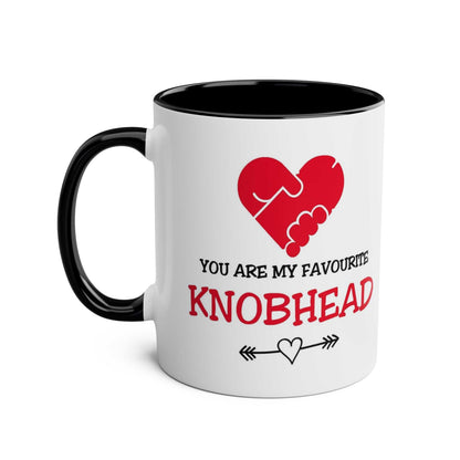 Ceramic mug with "You Are My Favourite Knobhead" slogan, black rim and handle, ideal for Valentine's gift.