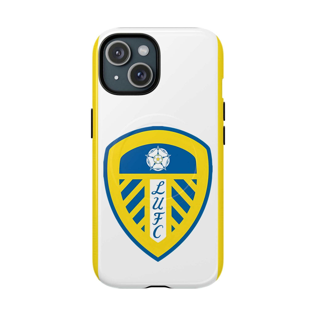 Leeds Utd MagSafe iPhone case with club crest, white background, yellow sides, dual-layer protection, and MagSafe compatibility