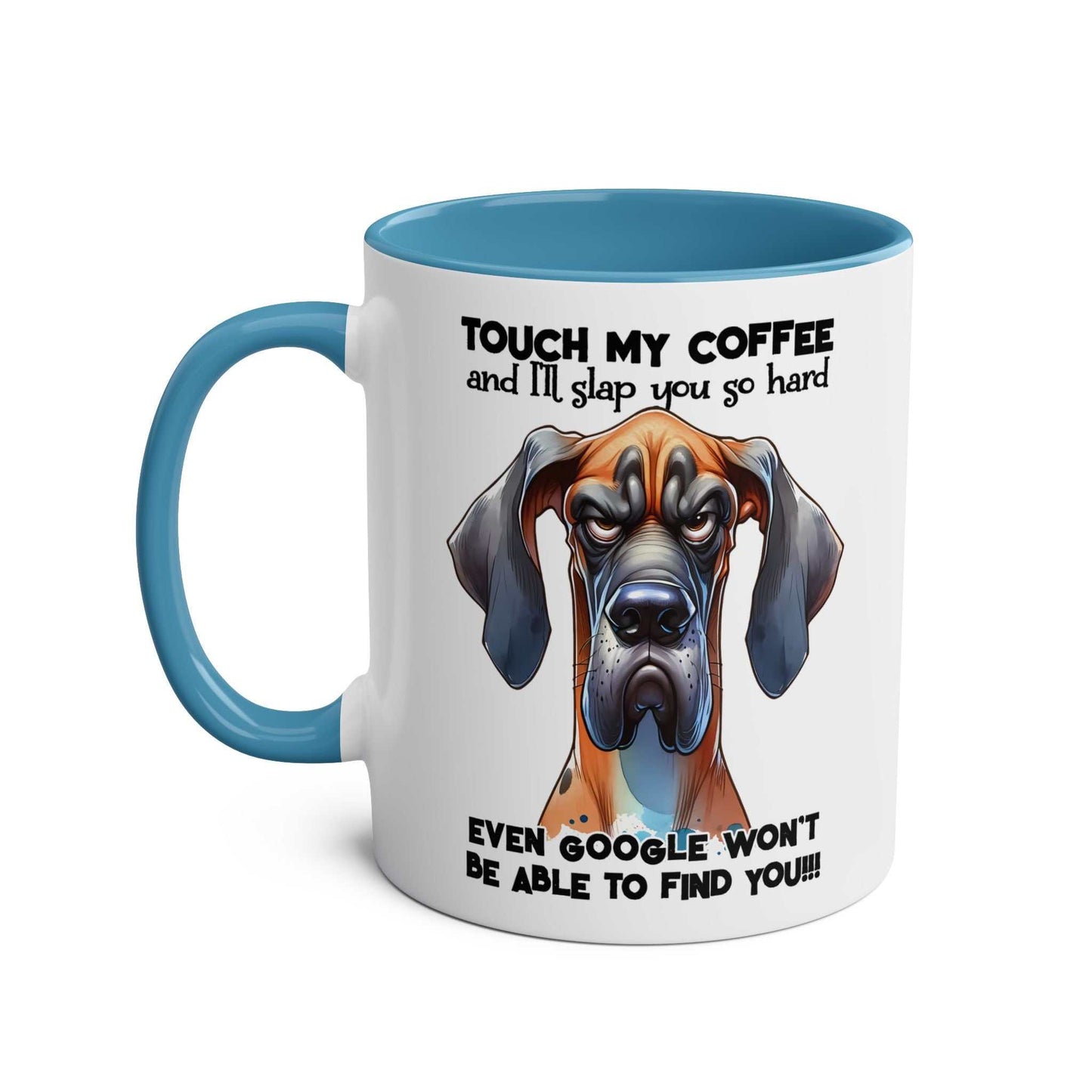 Dog-themed "Touch My Coffee Mug" with playful sarky design, available in 7 colors, 11oz ceramic, glossy finish, microwave and dishwasher safe.