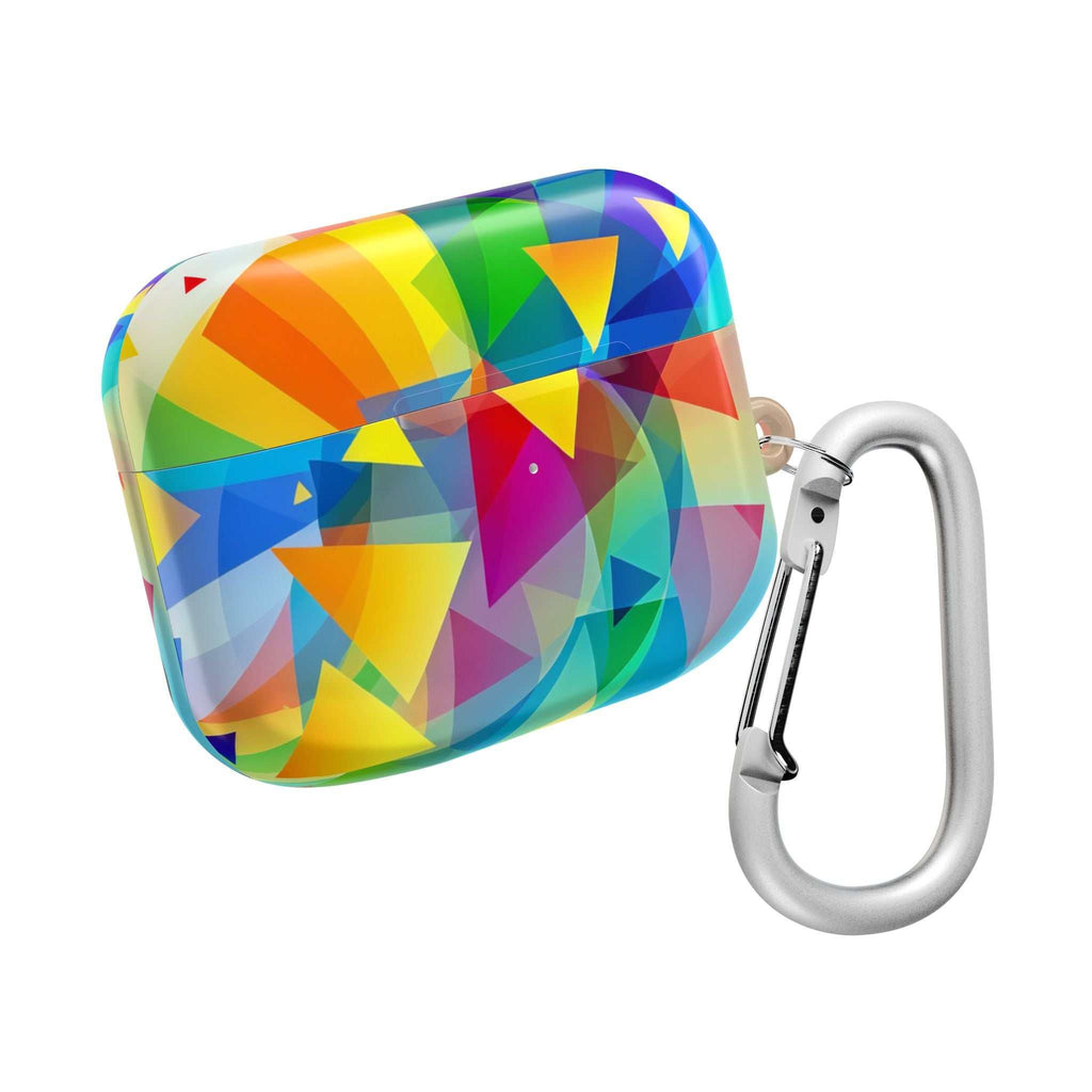 Vibrant geometric pride hard shell protective case for AirPods with rainbow colors and attached carabiner clip