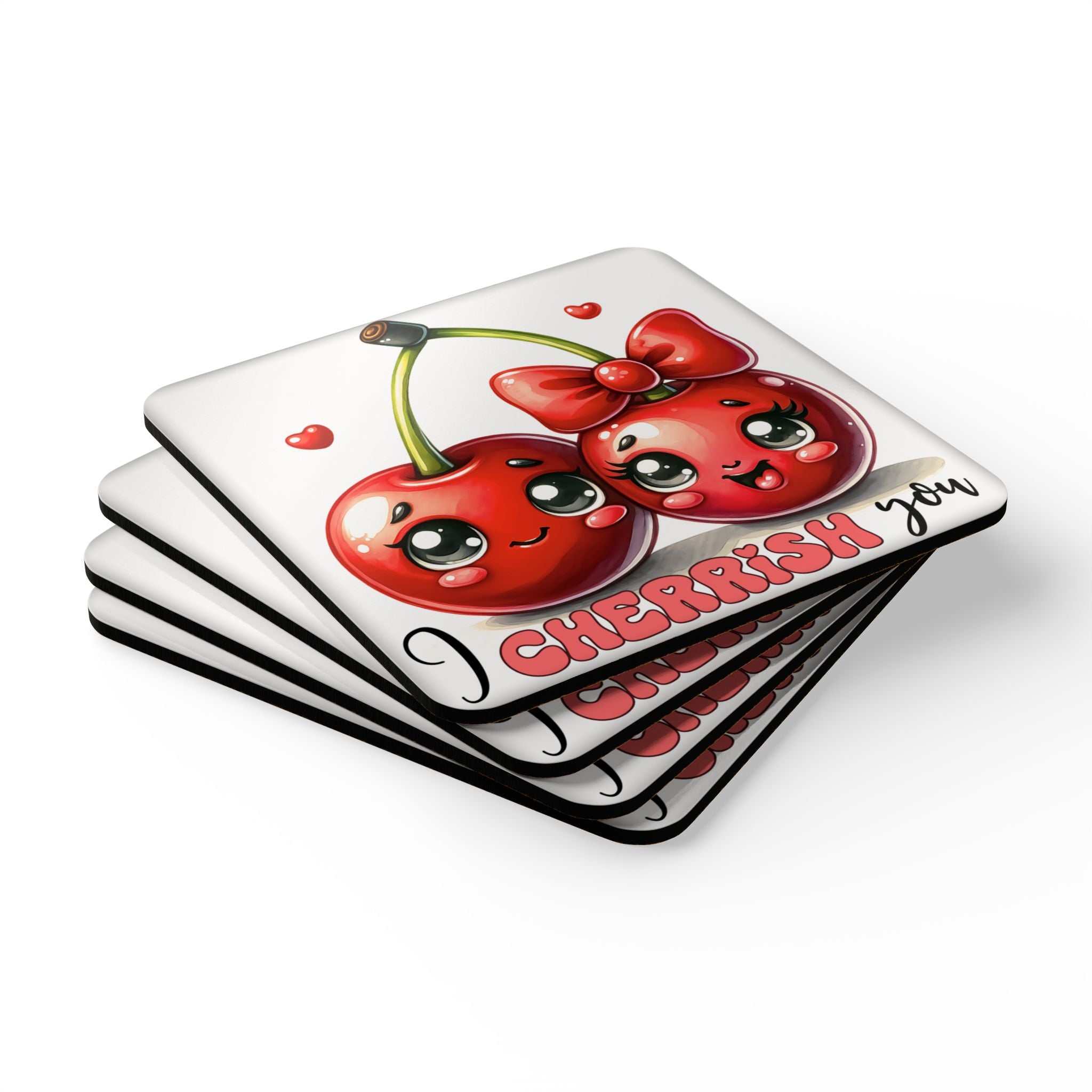 I Cherrish You Coaster Set with playful cherry design, 4-piece MDF set with cork back.