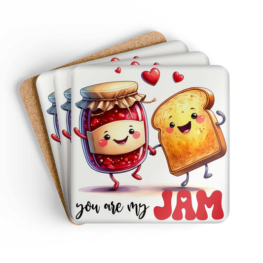 You Are My Jam Coaster Set with playful jar and toast design, high-gloss MDF top, cork back, non-slip, water-repellent.