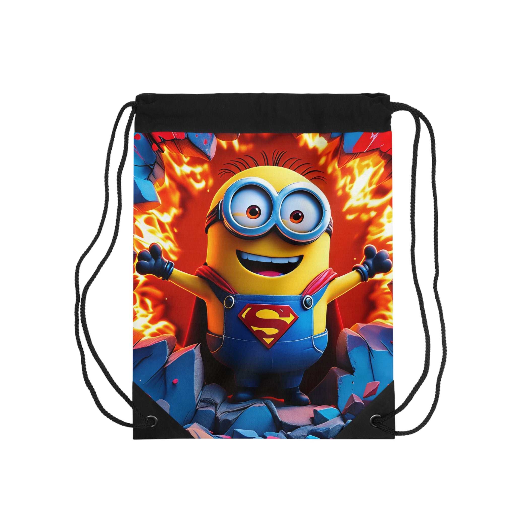 Minion Superman drawstring bag with superhero design, durable polyester, lightweight and spacious for kids' school or gym use