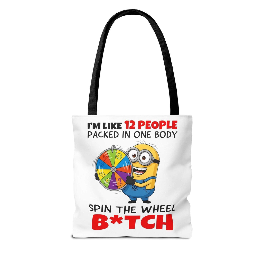 Funny minion tote bag with cheeky design, durable spun polyester, and multiple handle color options.