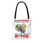 Funny minion tote bag with cheeky design, durable spun polyester, and multiple handle color options.