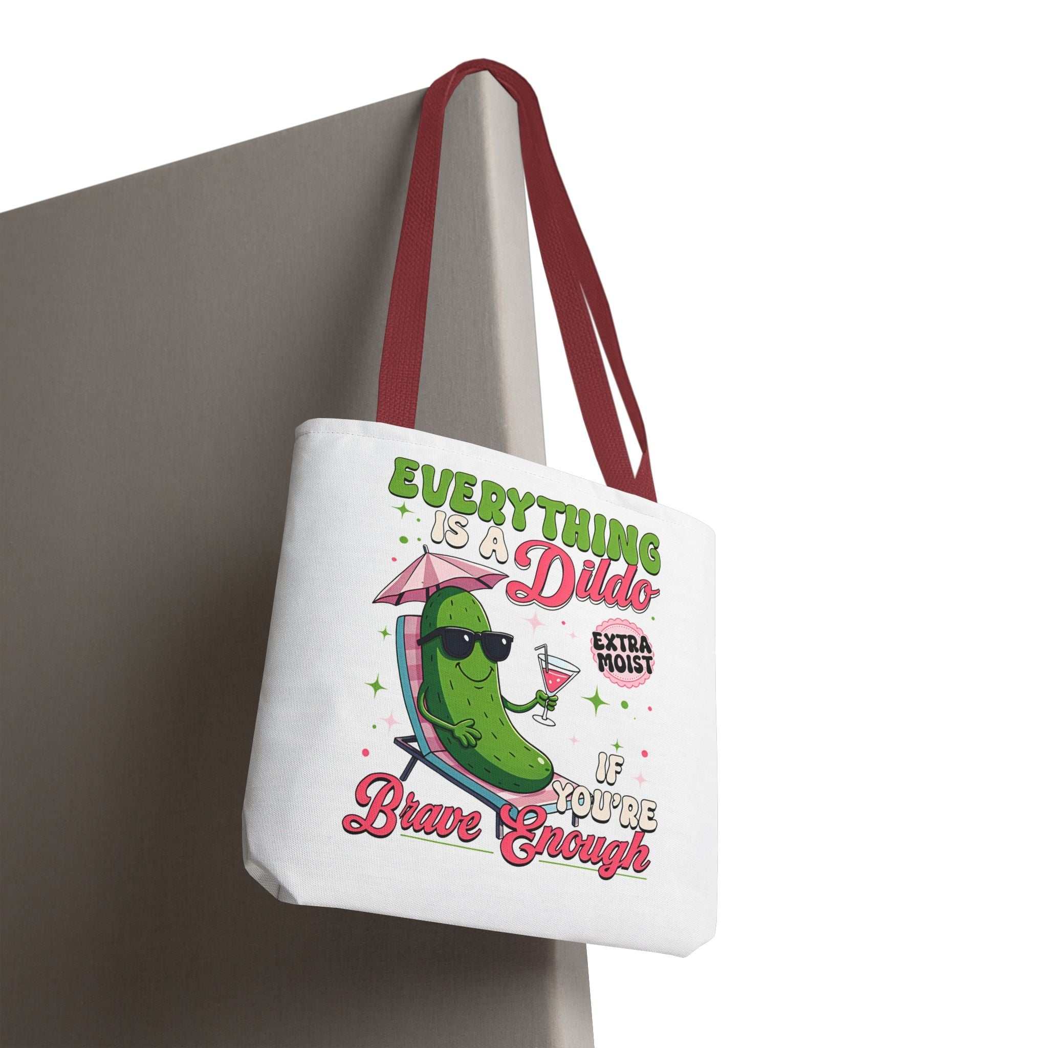 Cheeky Quote Pickle Tote Bag with bold design, durable spun polyester, multiple sizes and handle colors