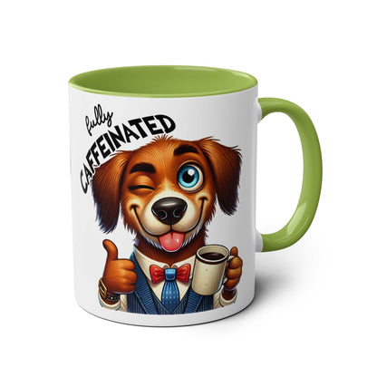 Fun Sarcastic Coffee Mug with dog cartoon print and green handle.