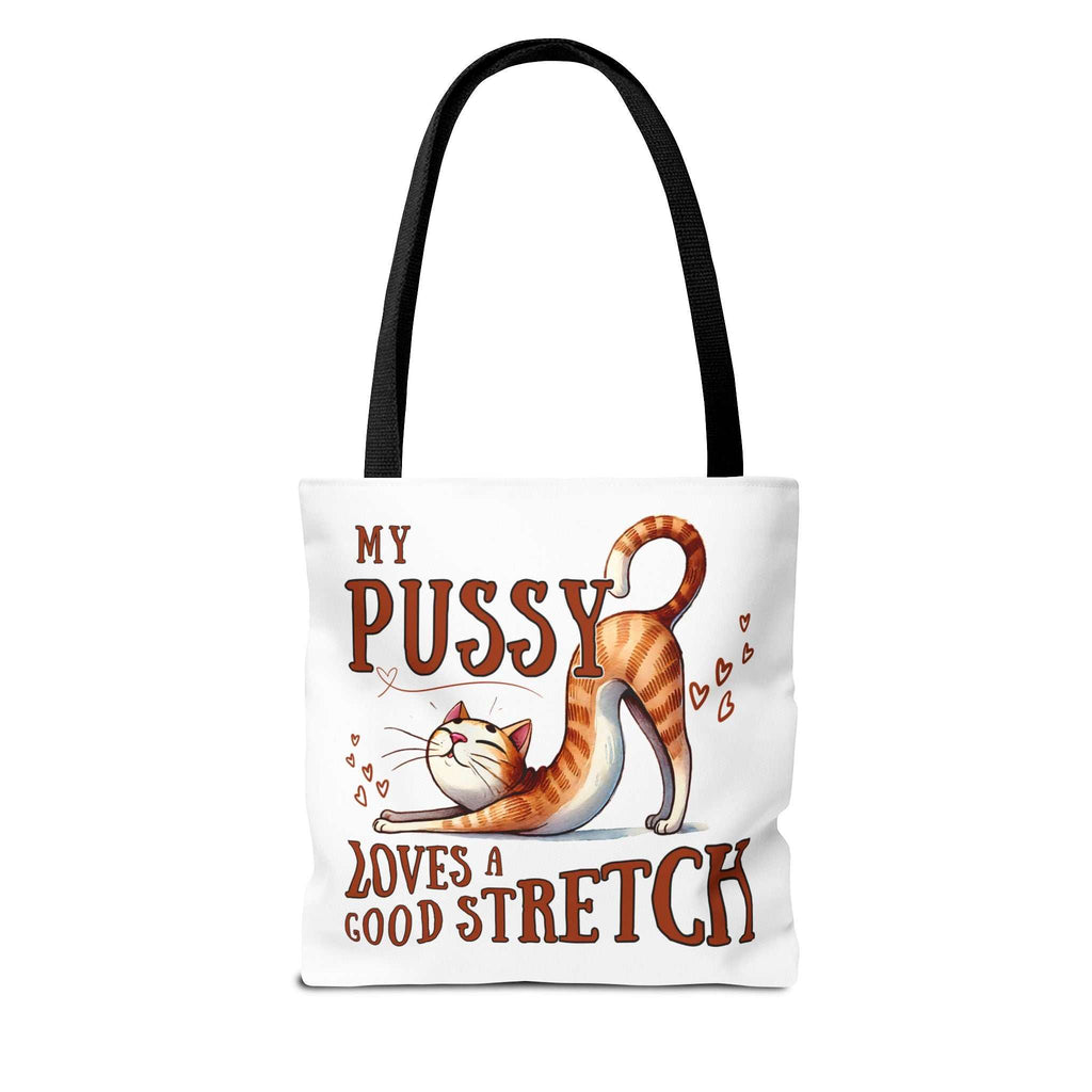 Fun stretching cat tote bag with cheeky design and colorful handles