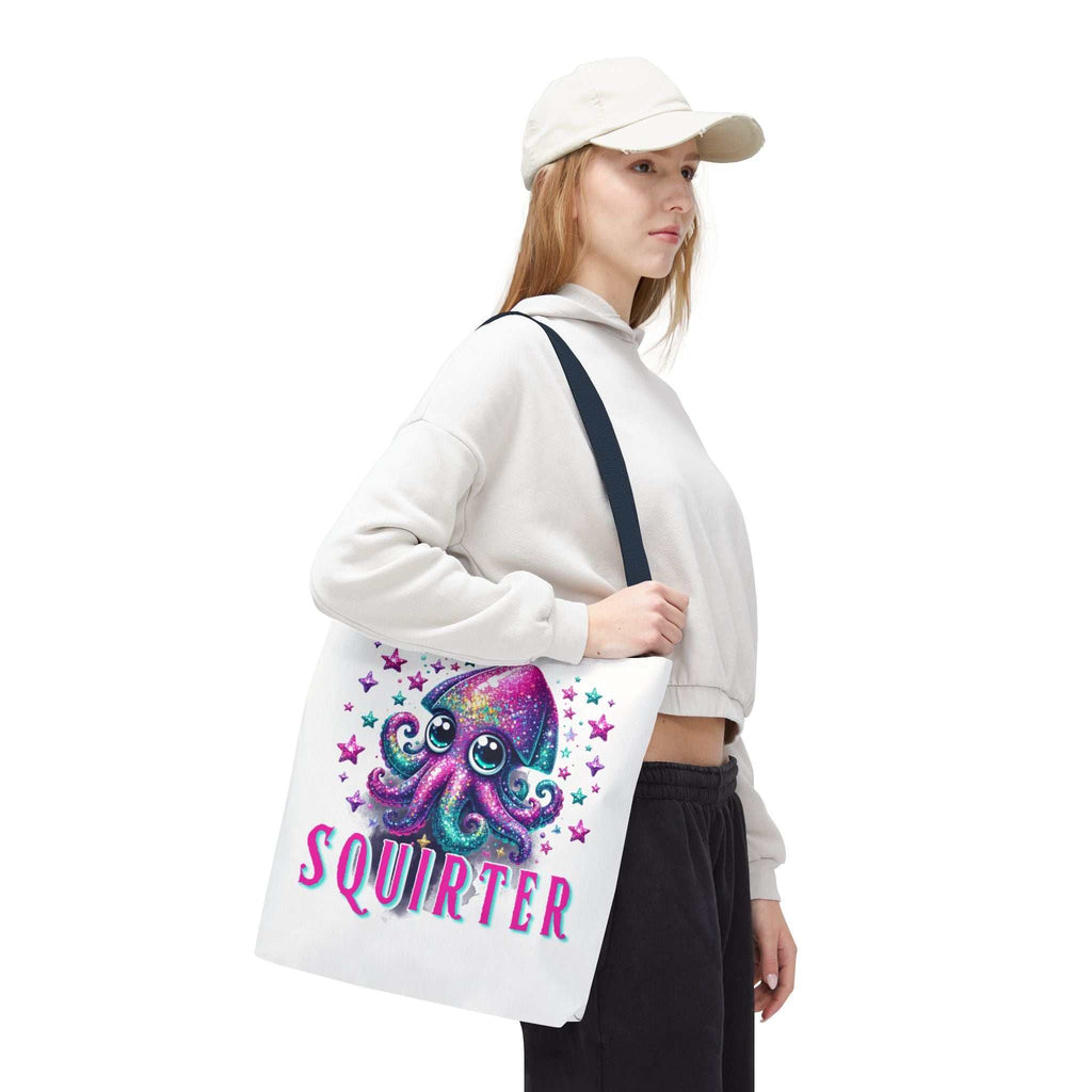 Squirter Squid Tote Bag with cheeky squid design, available in 3 sizes, durable spun polyester, and multiple handle colors for daily use.
