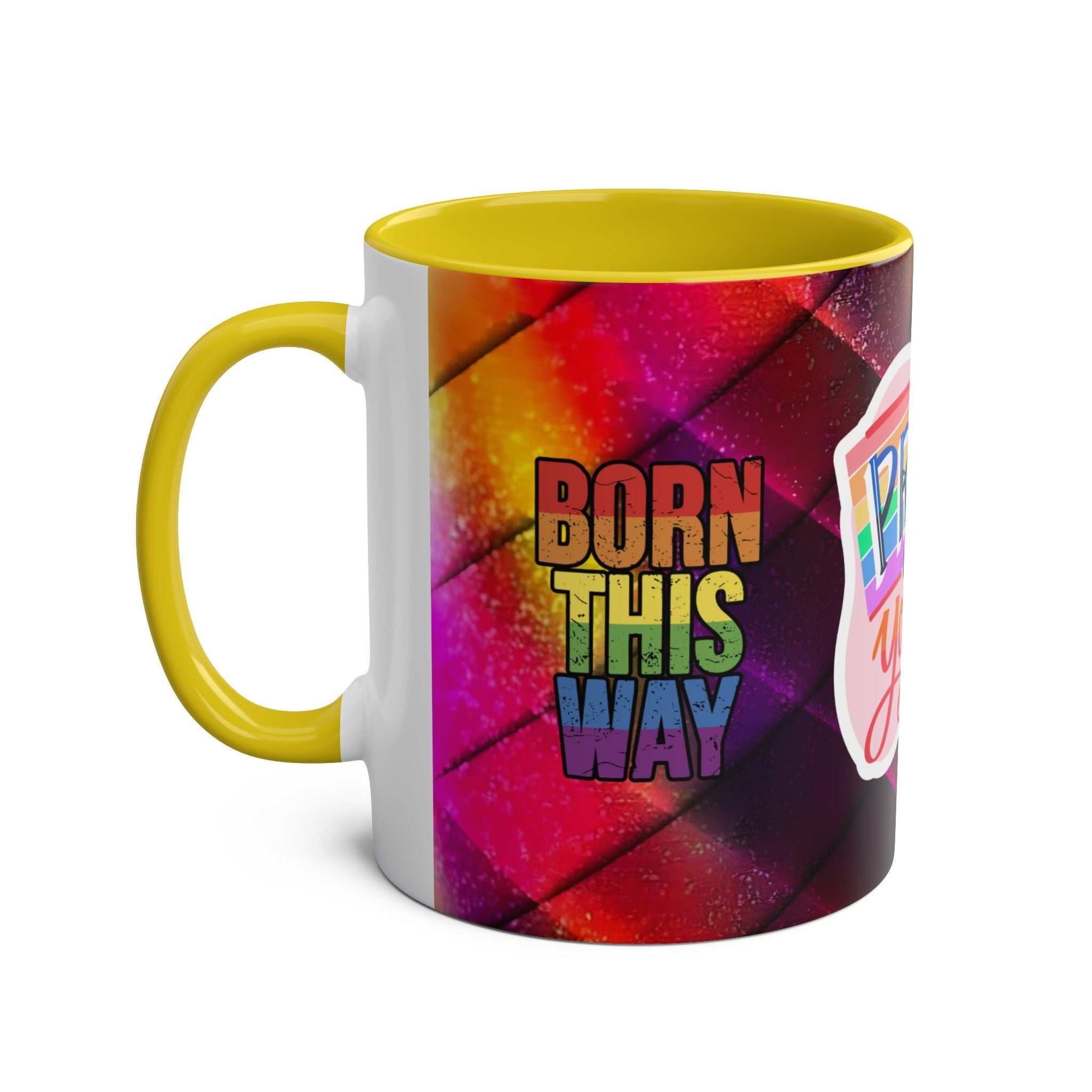 LGBTQ+ Pride mug with vibrant rainbow design and "Born This Way" text.