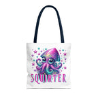 Cheeky Squirter Squid Tote Bag in durable spun polyester with multiple sizes and handle colors