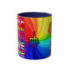 LGBTQ+ Pride Mug with vibrant rainbow design, ceramic, 11oz, glossy finish.