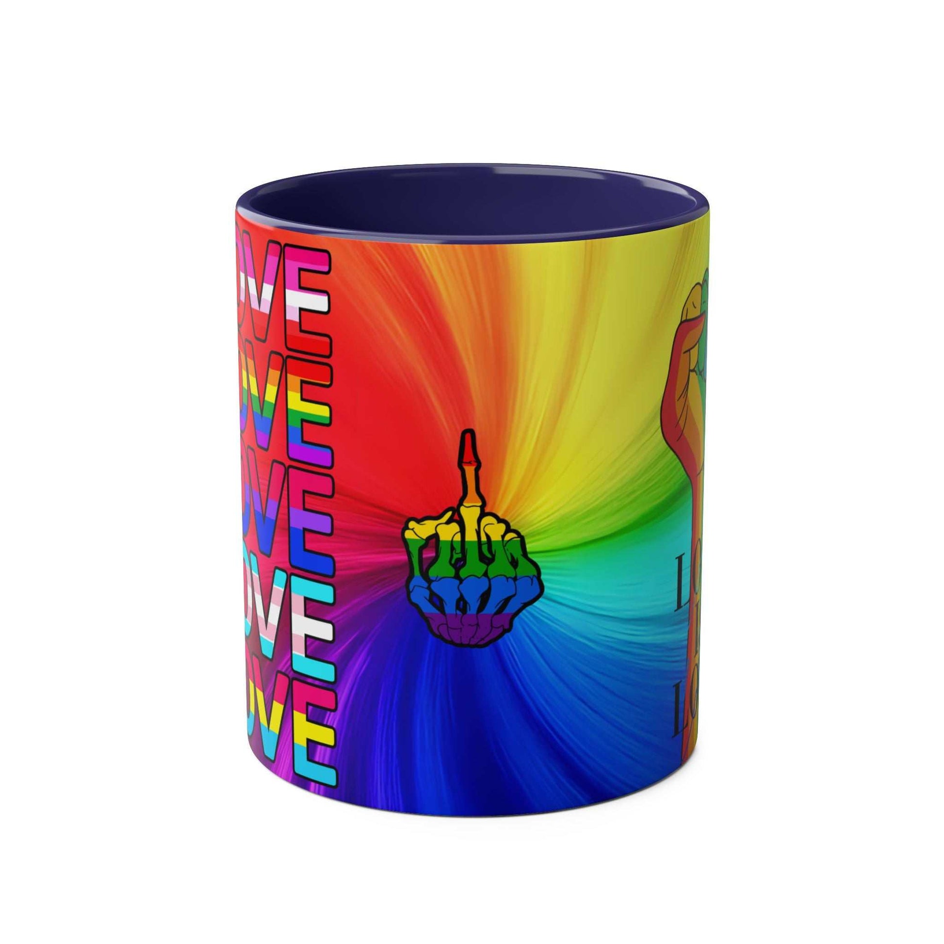 LGBTQ+ Pride Mug with vibrant rainbow design, ceramic, 11oz, glossy finish.