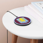 Aston Villa FC wireless charger with claret and blue lion crest, 10W fast charging, durable aluminum casing, compatible with all Qi phones