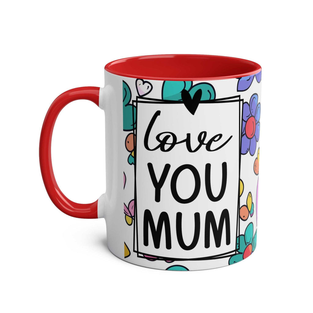 Love You Mum Floral Mug with floral heart design and heartfelt message, glossy 11oz ceramic, microwave and dishwasher safe gift for Mum