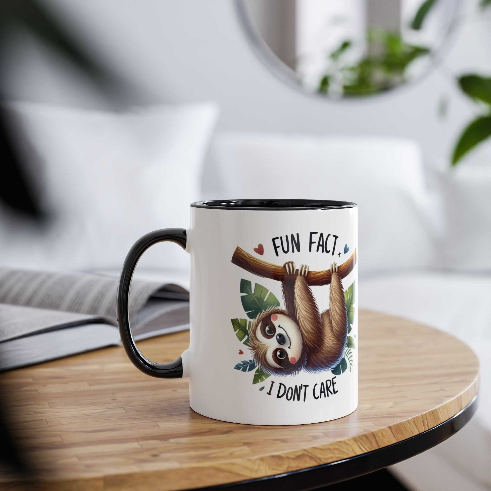 Cute sloth coffee mug with whimsical design, sublimation print, 11oz ceramic, and glossy finish.