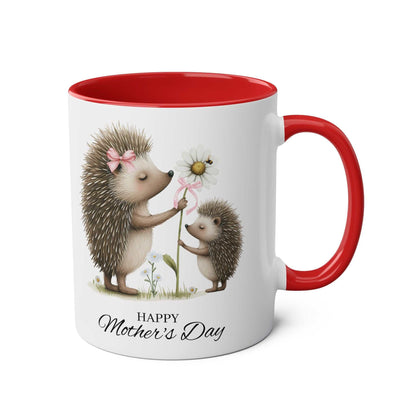 Cute Hedgehog Mother’s Day Gift Mug with hedgehog design and red interior.