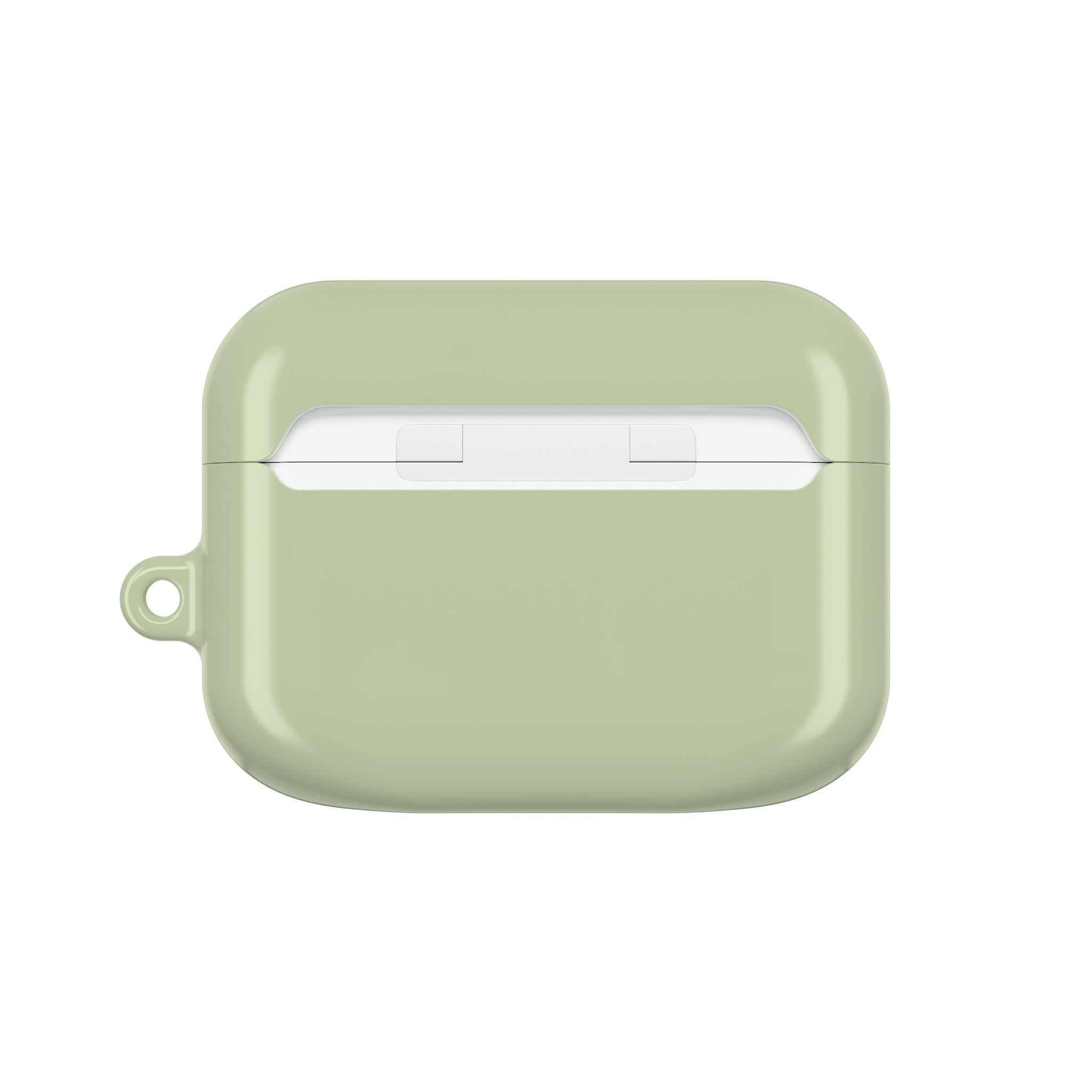 Sage green hard shell AirPods protective case with glossy finish and wireless charging compatibility