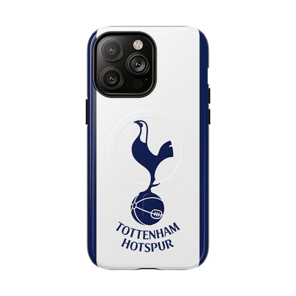 Tottenham FC MagSafe iPhone case with white and navy design, featuring Spurs crest and dual-layer protection