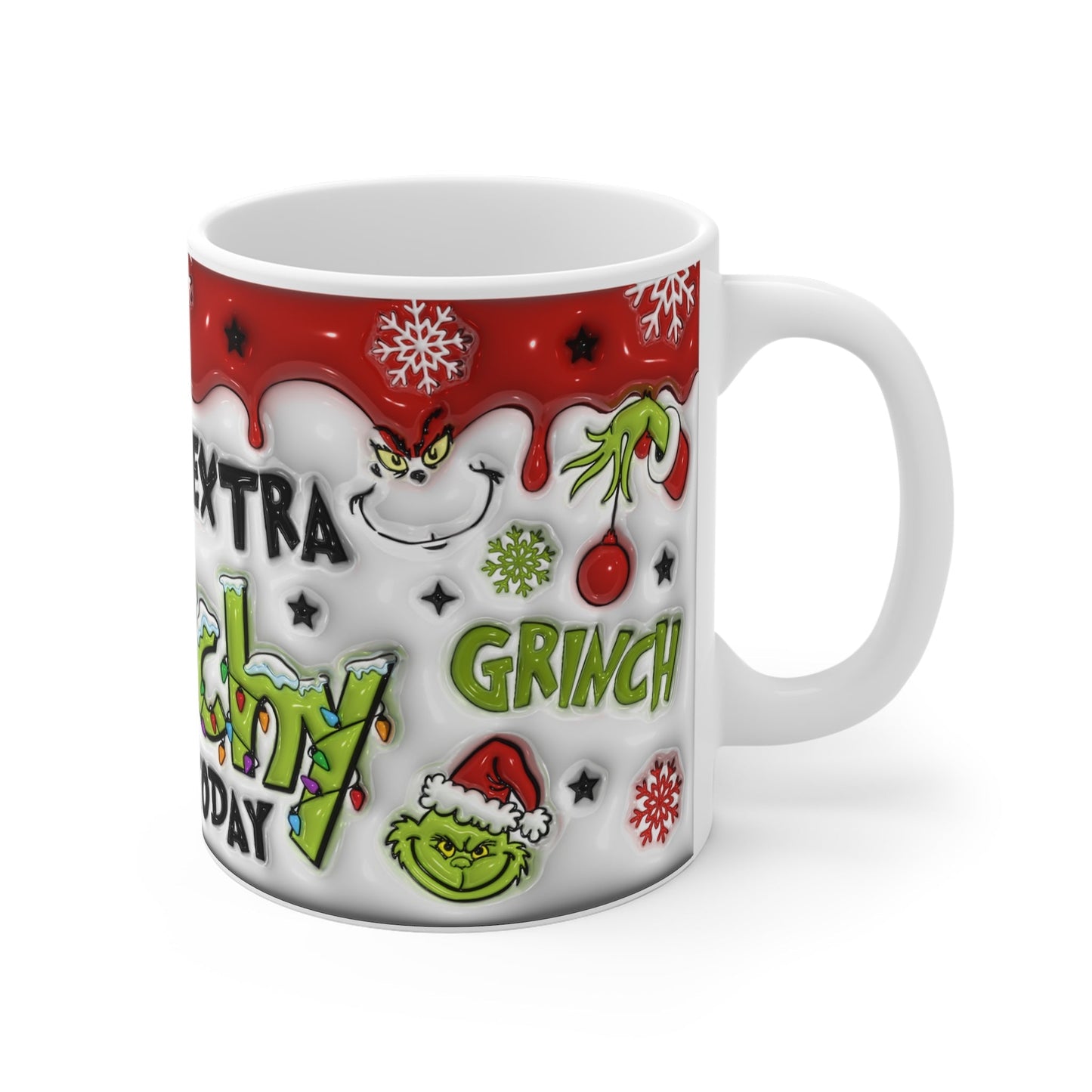 Grinchy Christmas Mug with festive design, perfect holiday gift, 11oz ceramic.