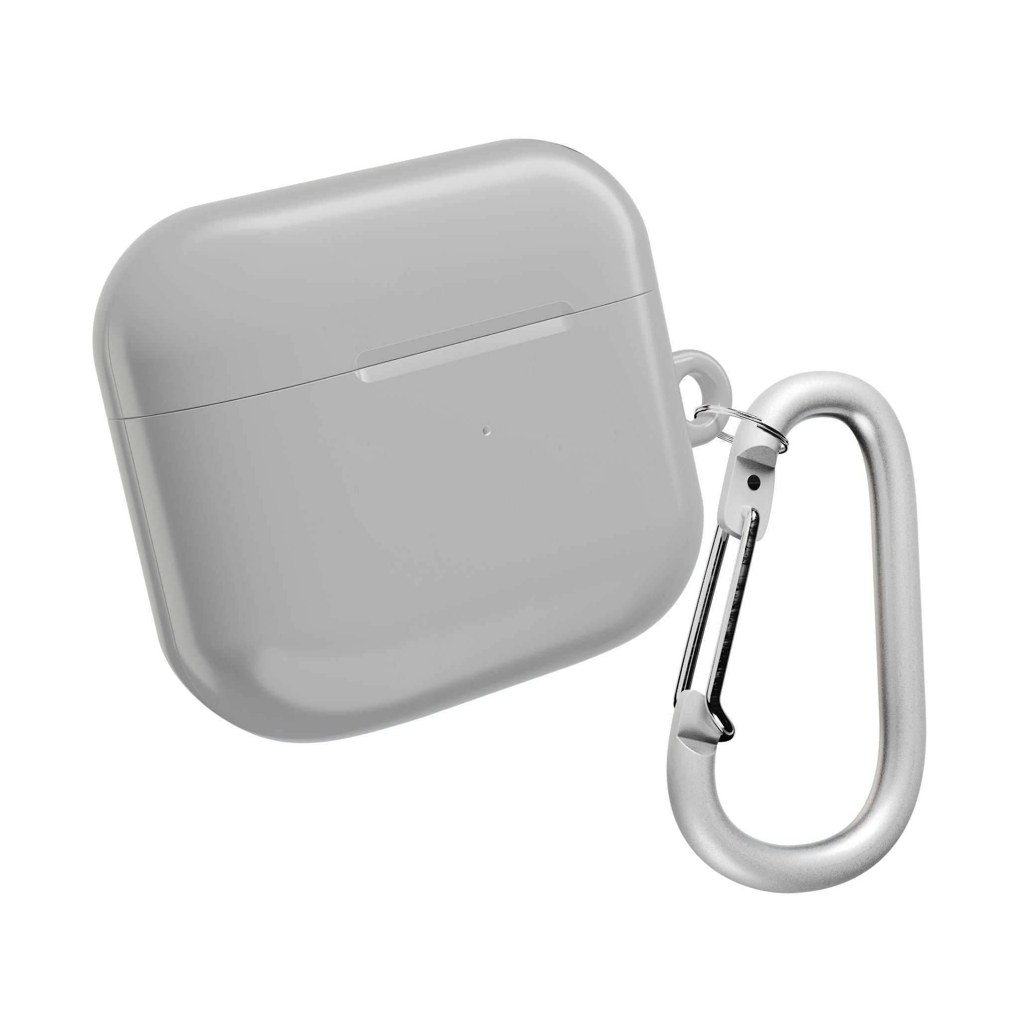 Silver AirPods Pro protective case with glossy finish and carabiner clip