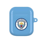 Manchester City FC AirPods protective case in sky blue with club crest, shock-resistant and wireless charging compatible