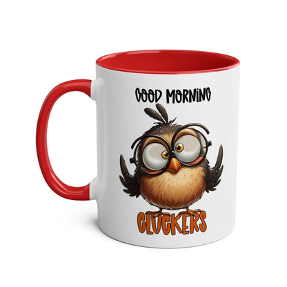 Funny Morning Cluckers Coffee Mug with owl design, red handle, and interior.
