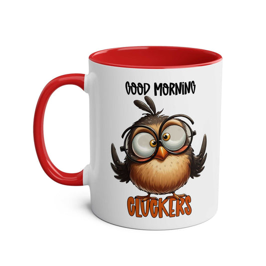 Funny Morning Cluckers Coffee Mug with owl design, red handle, and interior.