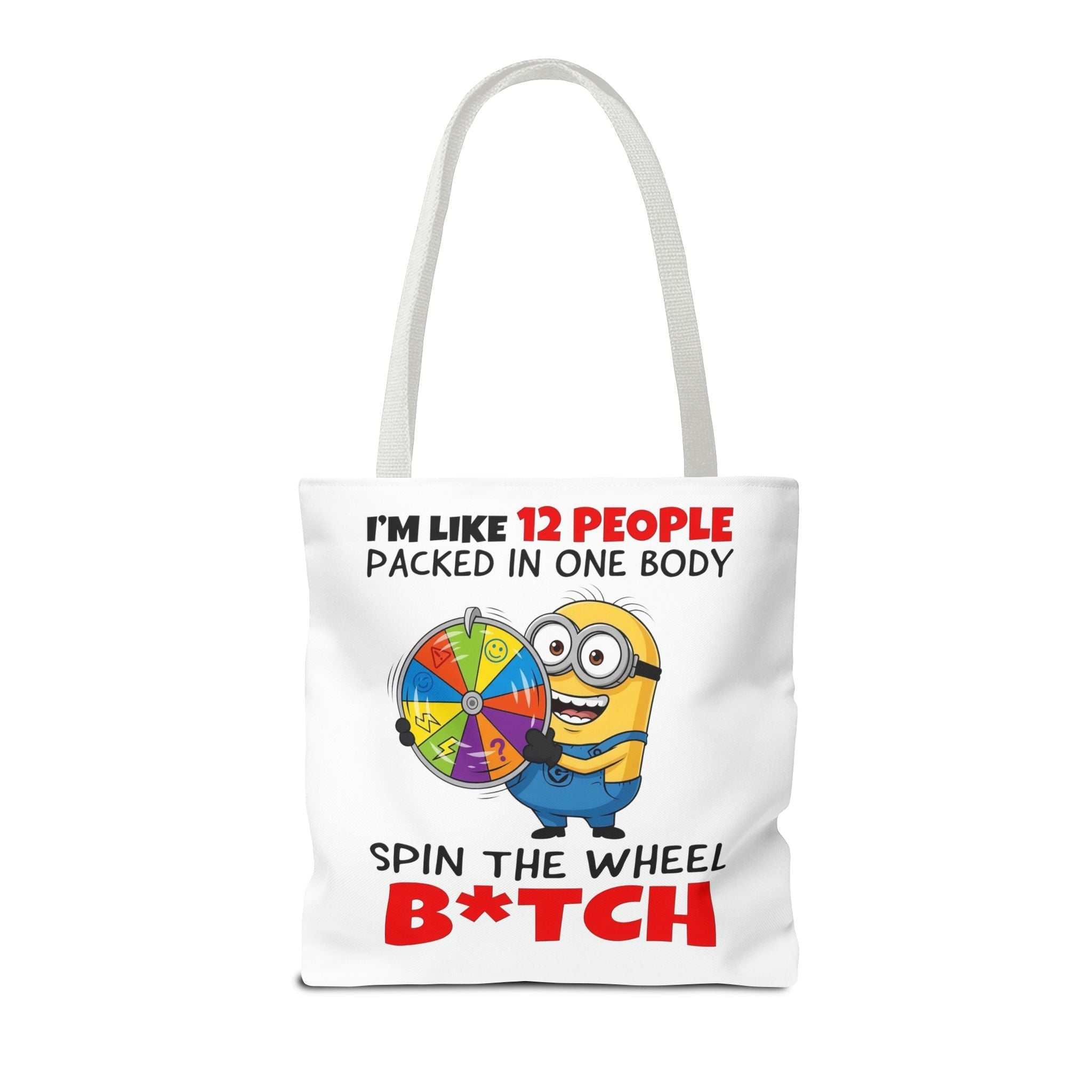 Funny Minion tote bag with cheeky design, durable spun polyester, and multiple handle color options