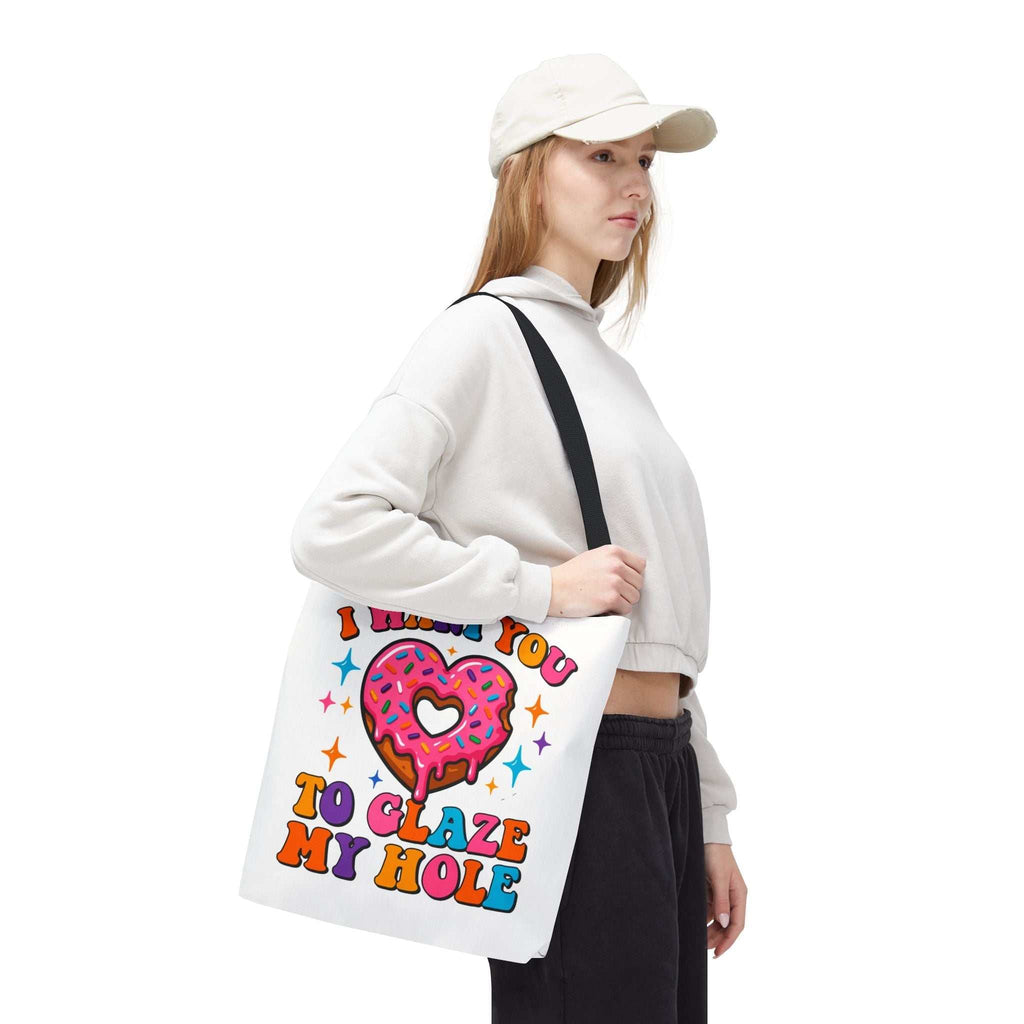 Glaze My Hole Donut Tote Bag with cheeky donut design, durable polyester, cotton straps, and multiple size options