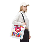 Glaze My Hole Donut Tote Bag with cheeky donut design, durable polyester, cotton straps, and multiple size options
