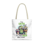 Cheeky fun cactus tote bag with colorful handles, durable spun polyester, available in three sizes for casual outings and shopping