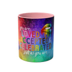 Vibrant LGBTQ+ Pride mug with rainbow design and inspirational message.