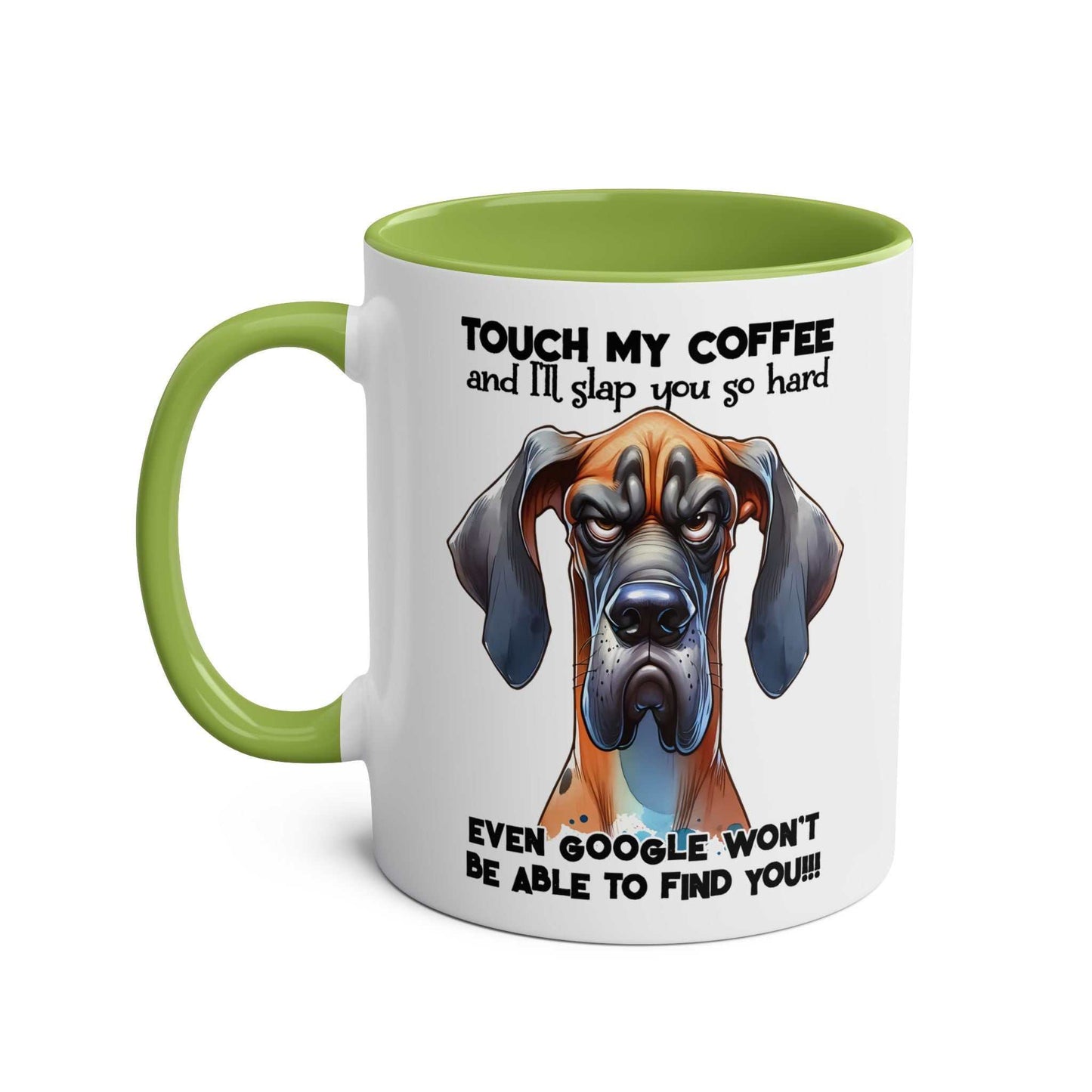 Dog-themed "Touch My Coffee" mug with sassy message, ceramic, 11oz, available in 7 colors, printed with sublimation technique.