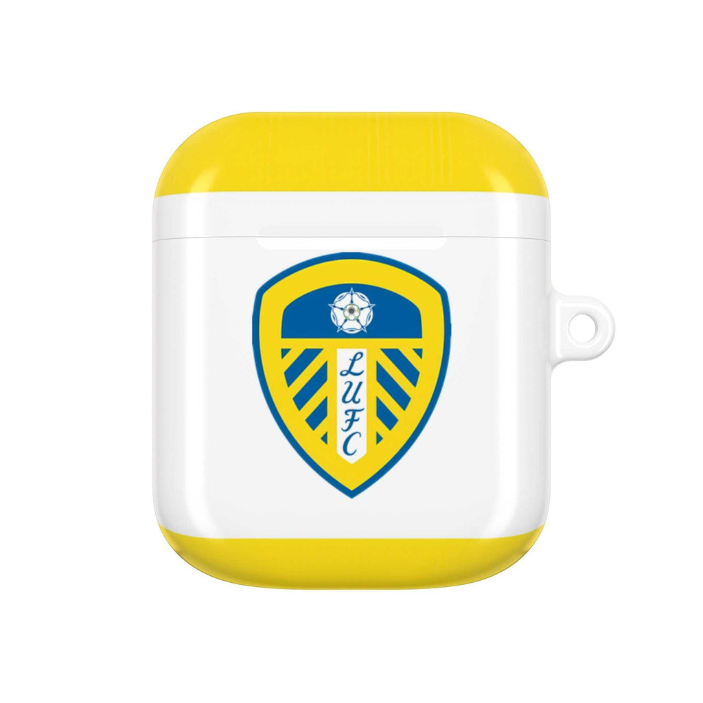 Leeds Utd FC AirPods protective case in white and yellow with club crest for AirPods and AirPods Pro