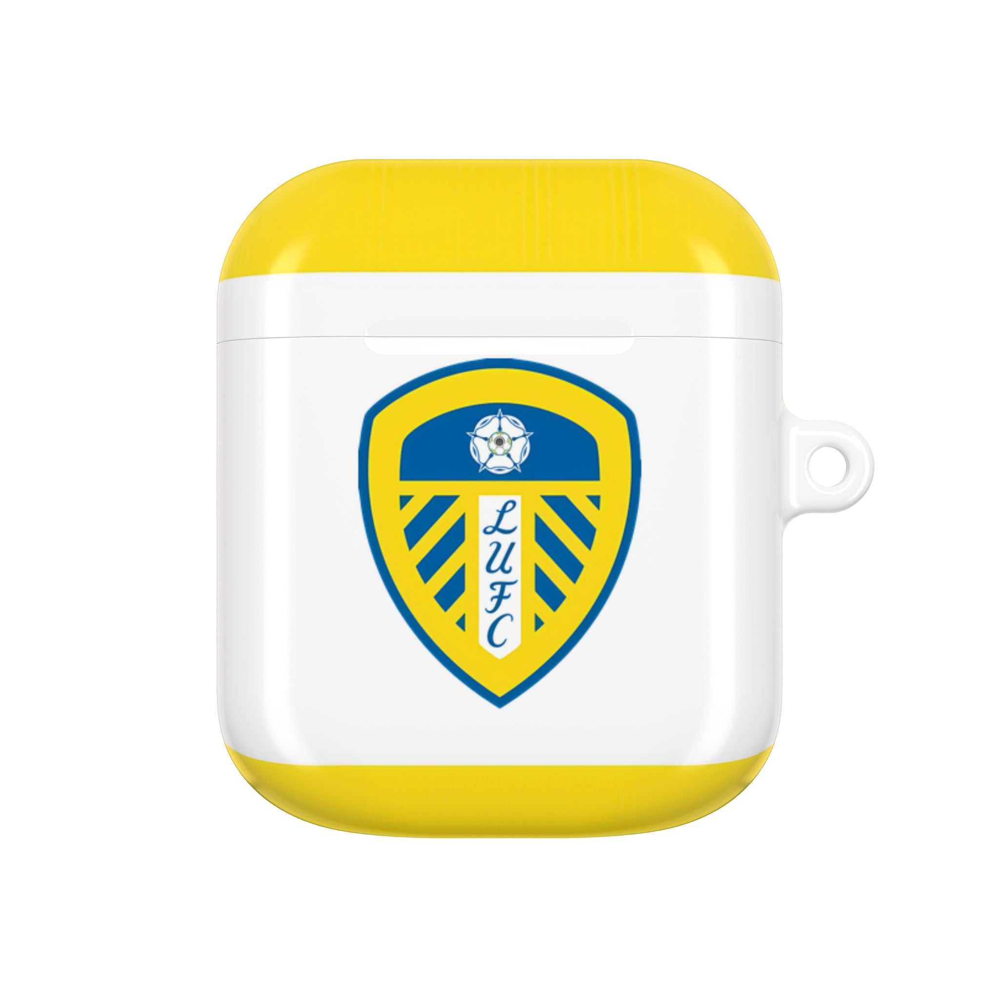 Leeds Utd FC AirPods protective case in white and yellow with club crest for AirPods and AirPods Pro
