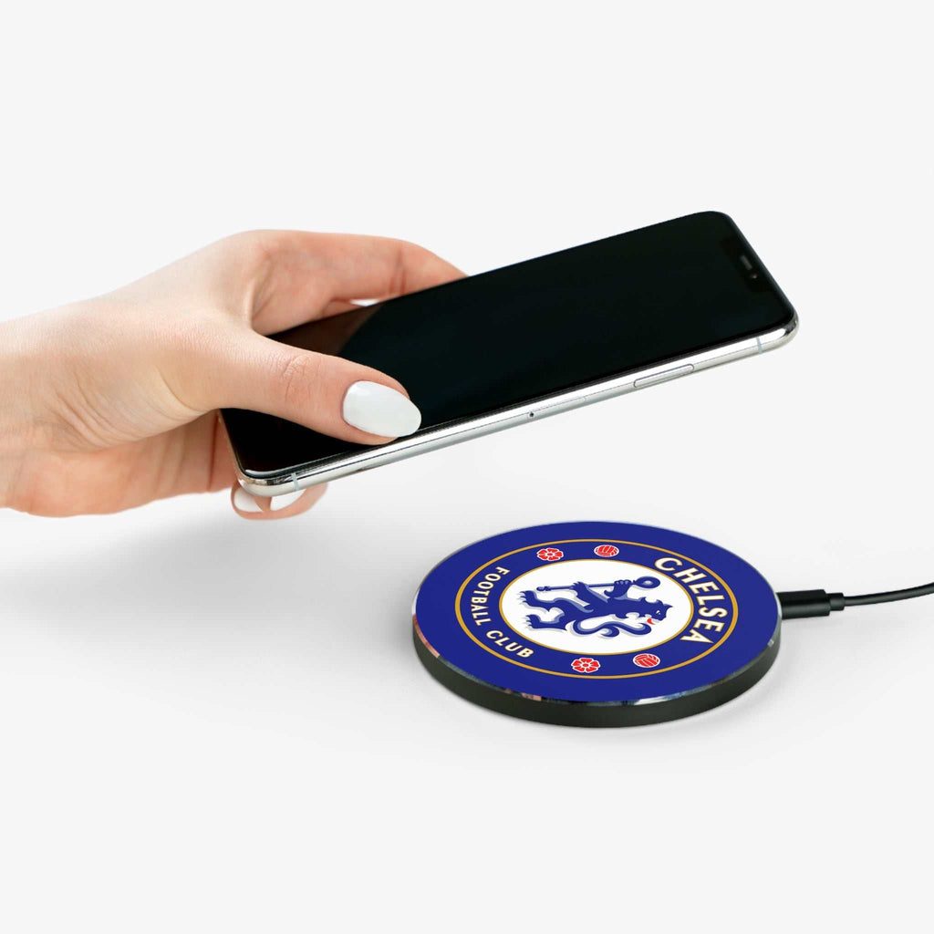 Chelsea FC wireless charger with 10W fast charging, blue lion crest, durable aluminium casing, and non-slip base.