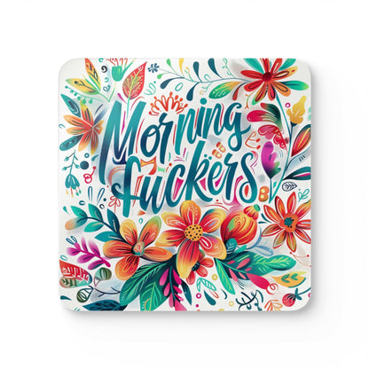 Colorful floral "Morning Fuckers" coaster set with high-gloss MDF top and cork back.