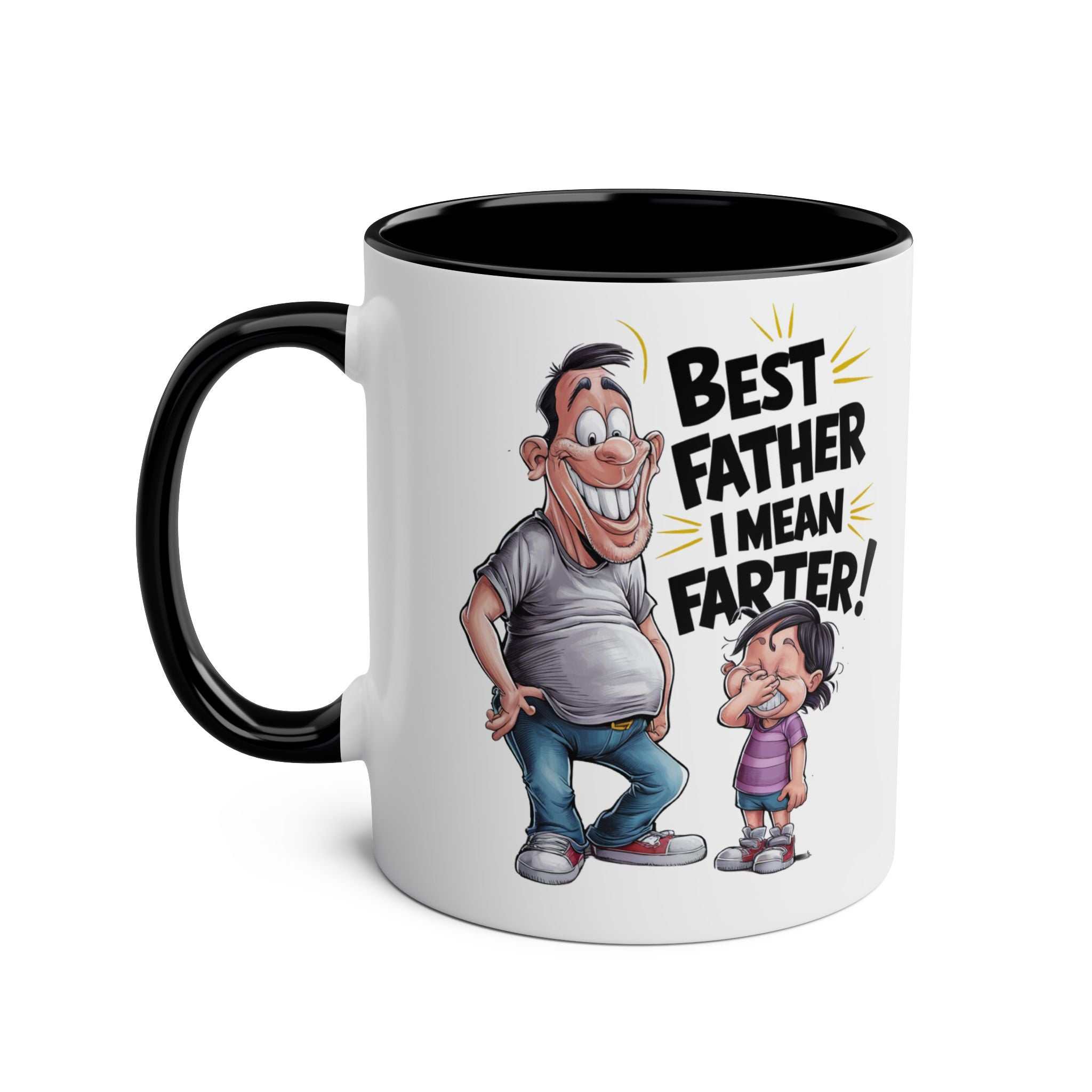 Fun Fathers Day Gift Mug with cartoon design and comedic text, glossy 11oz ceramic, black handle.