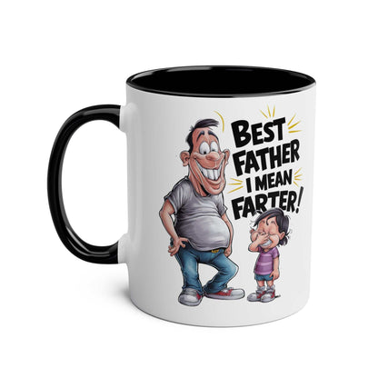 Fun Fathers Day Gift Mug with cartoon design and comedic text, glossy 11oz ceramic, black handle.