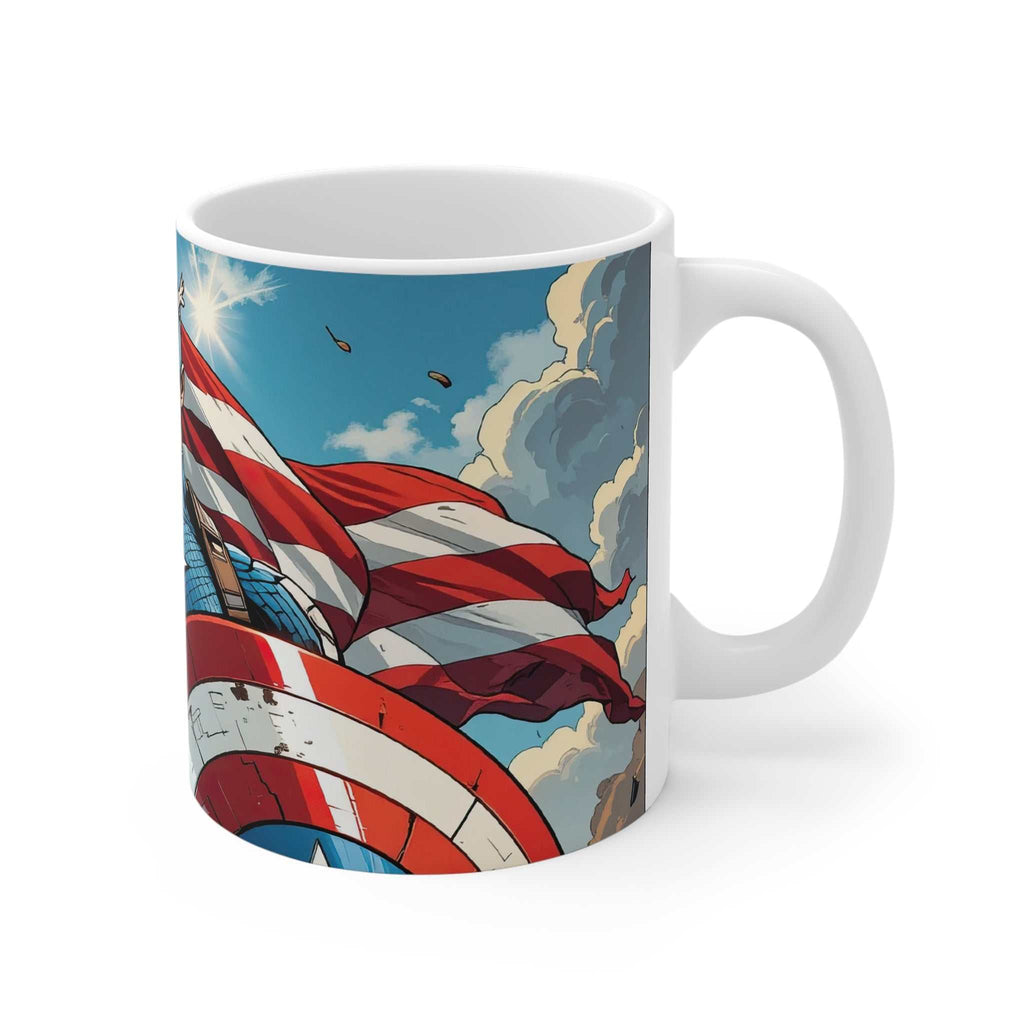 White ceramic mug featuring Captain America with an American flag and shield graphic, glossy finish, 11oz, microwave and dishwasher safe