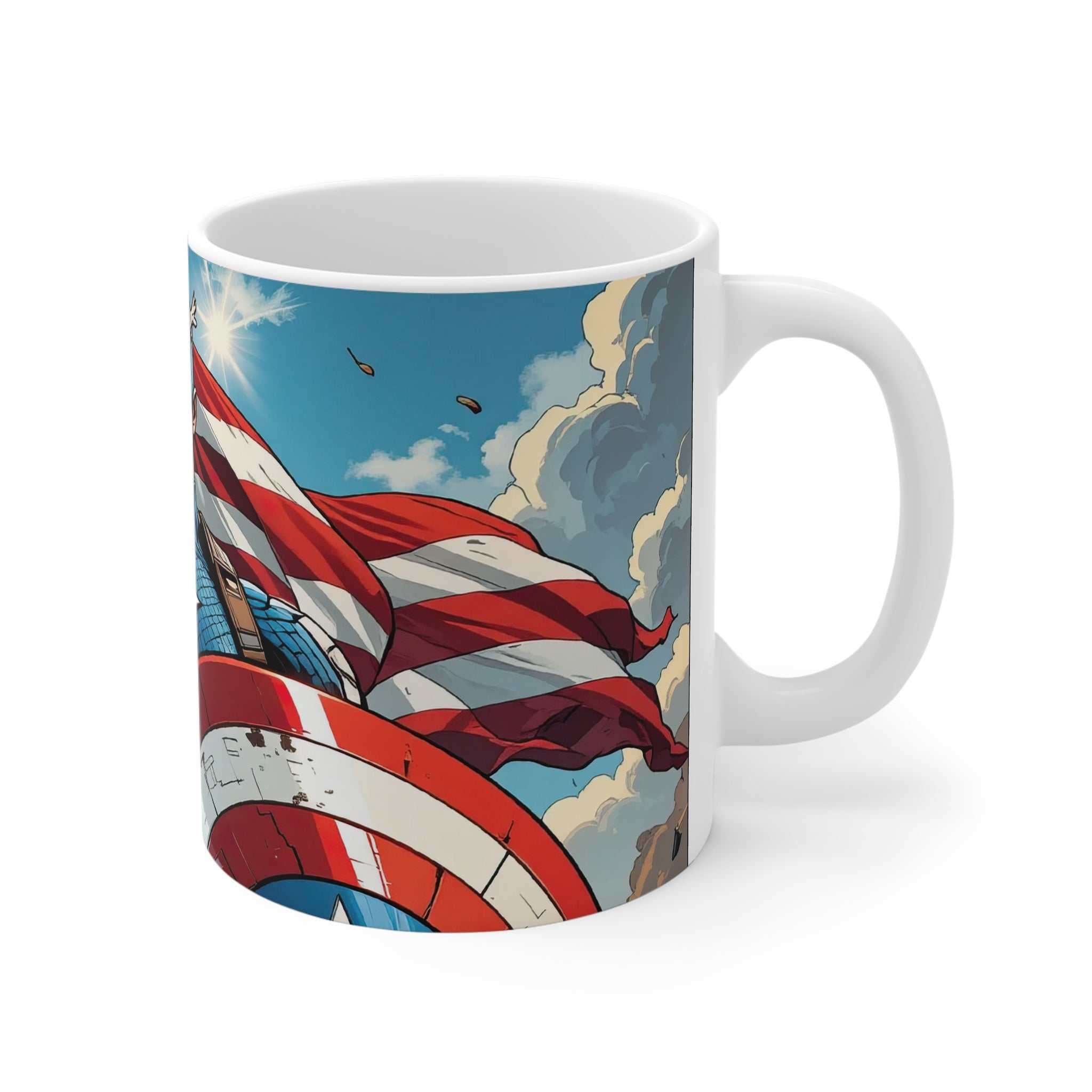 White ceramic mug featuring Captain America with an American flag and shield graphic, glossy finish, 11oz, microwave and dishwasher safe