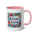 Fuckery Coffee Mug with floral design, 11oz ceramic, glossy finish, pink handle.