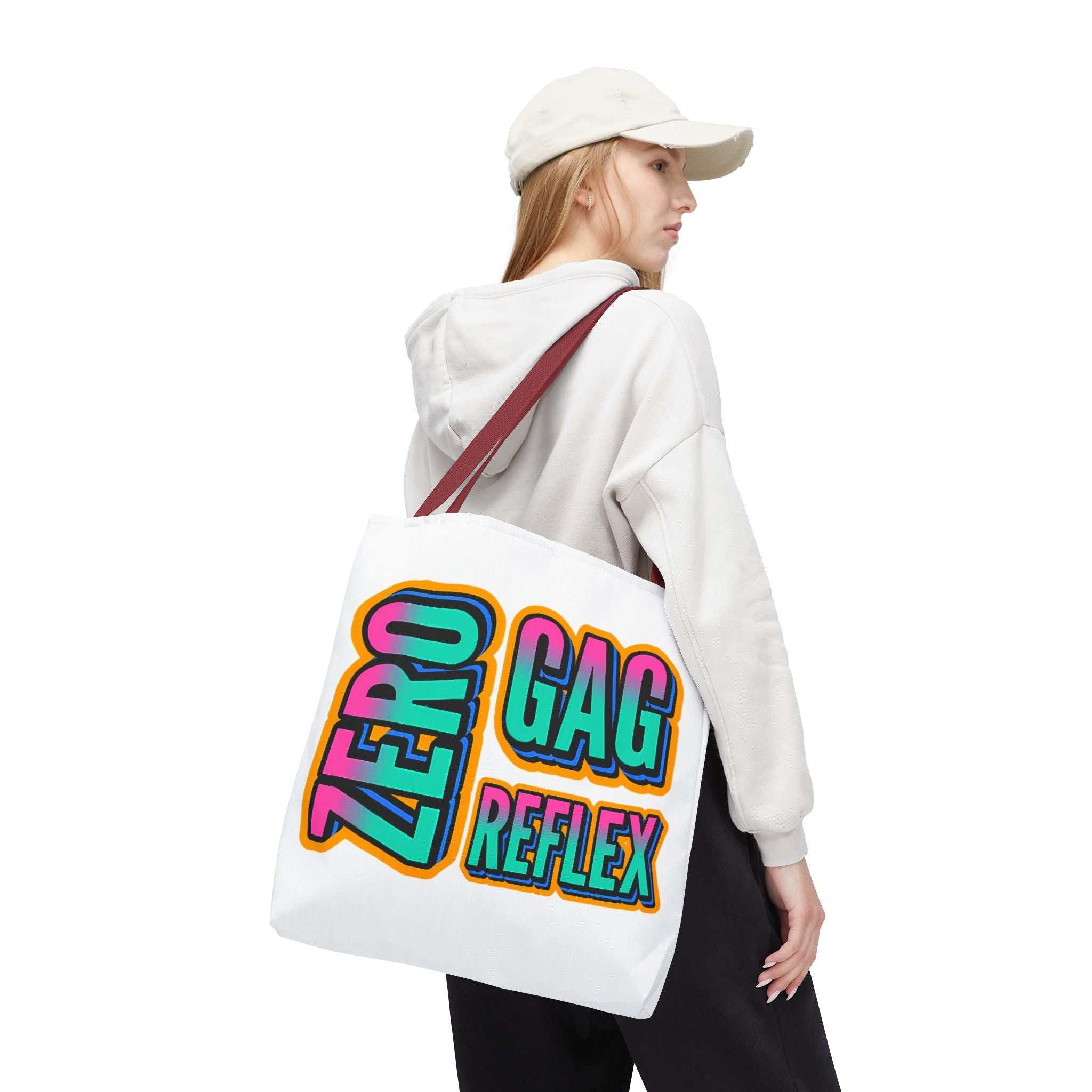 Zero Gag Reflex Tote Bag with cheeky design, durable spun polyester, multiple sizes, and colorful handles