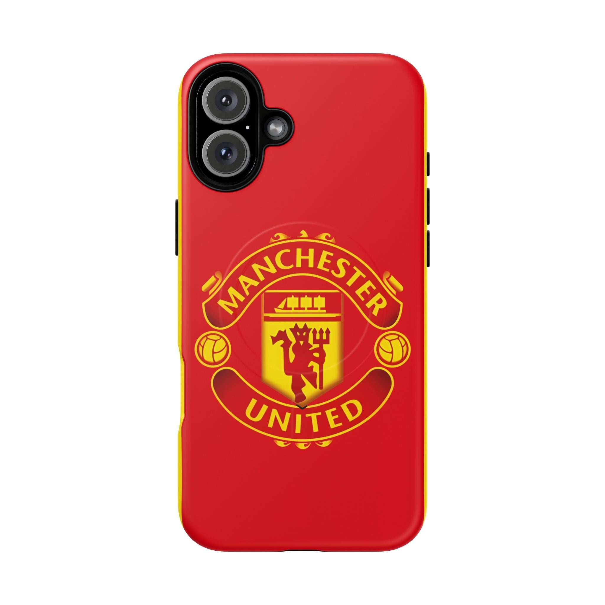 Manchester United MagSafe iPhone case with red design and club crest, dual-layer protection, and MagSafe compatibility