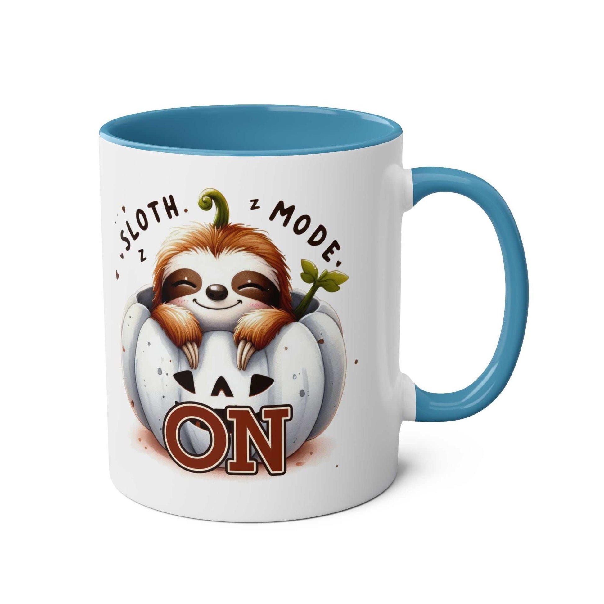 Cute sloth coffee mug with sloth design, glossy finish, and blue interior handle.