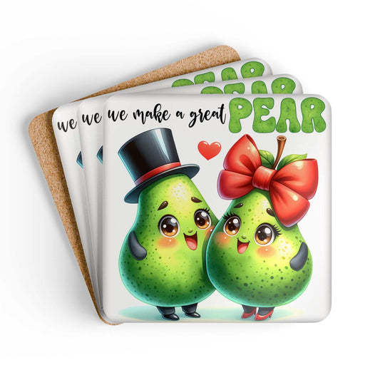 We Make A Great Pair coaster set with cute pear illustration, cork back, and high-gloss finish.