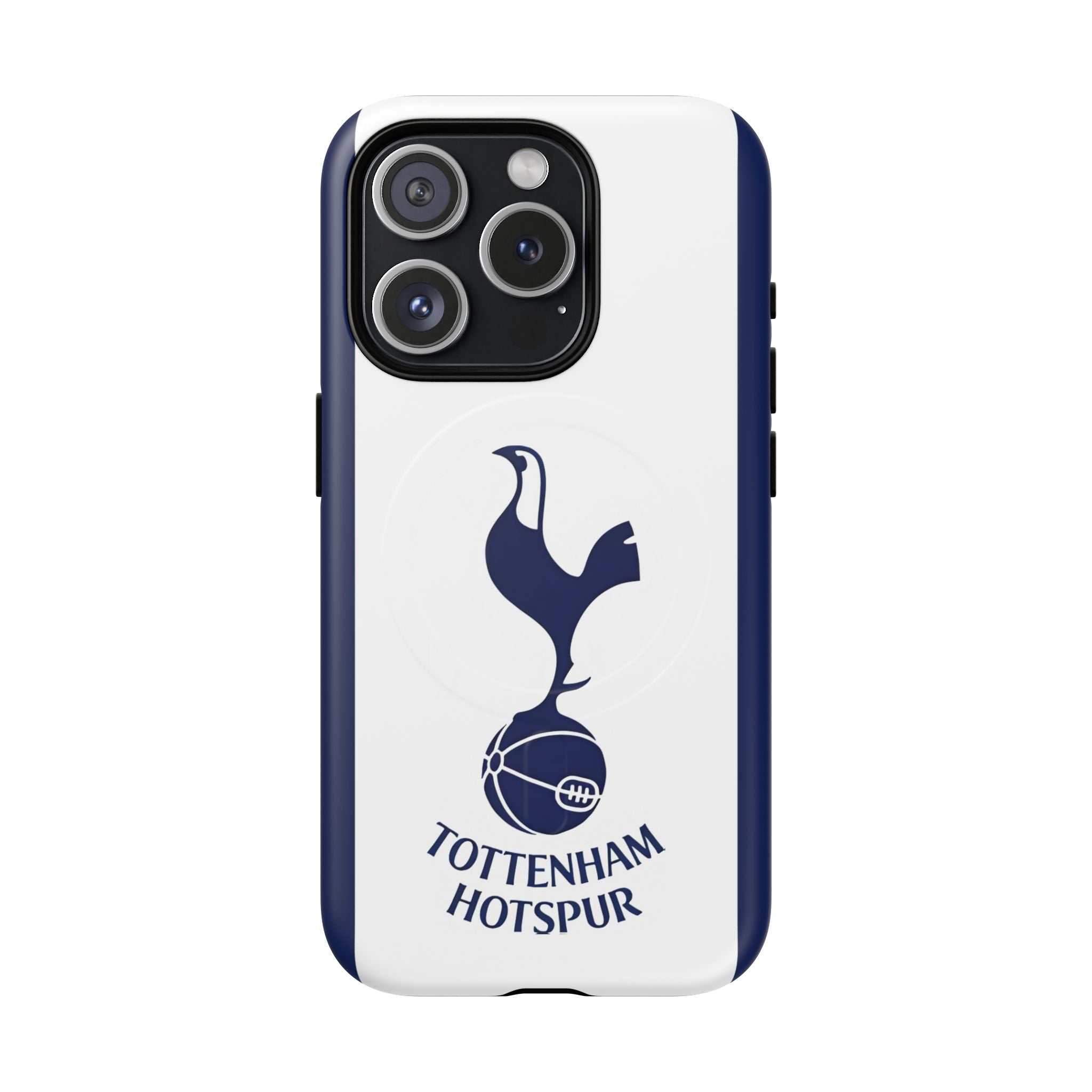 Tottenham FC MagSafe iPhone case in white and navy with club crest, durable dual-layer protection, and MagSafe compatibility
