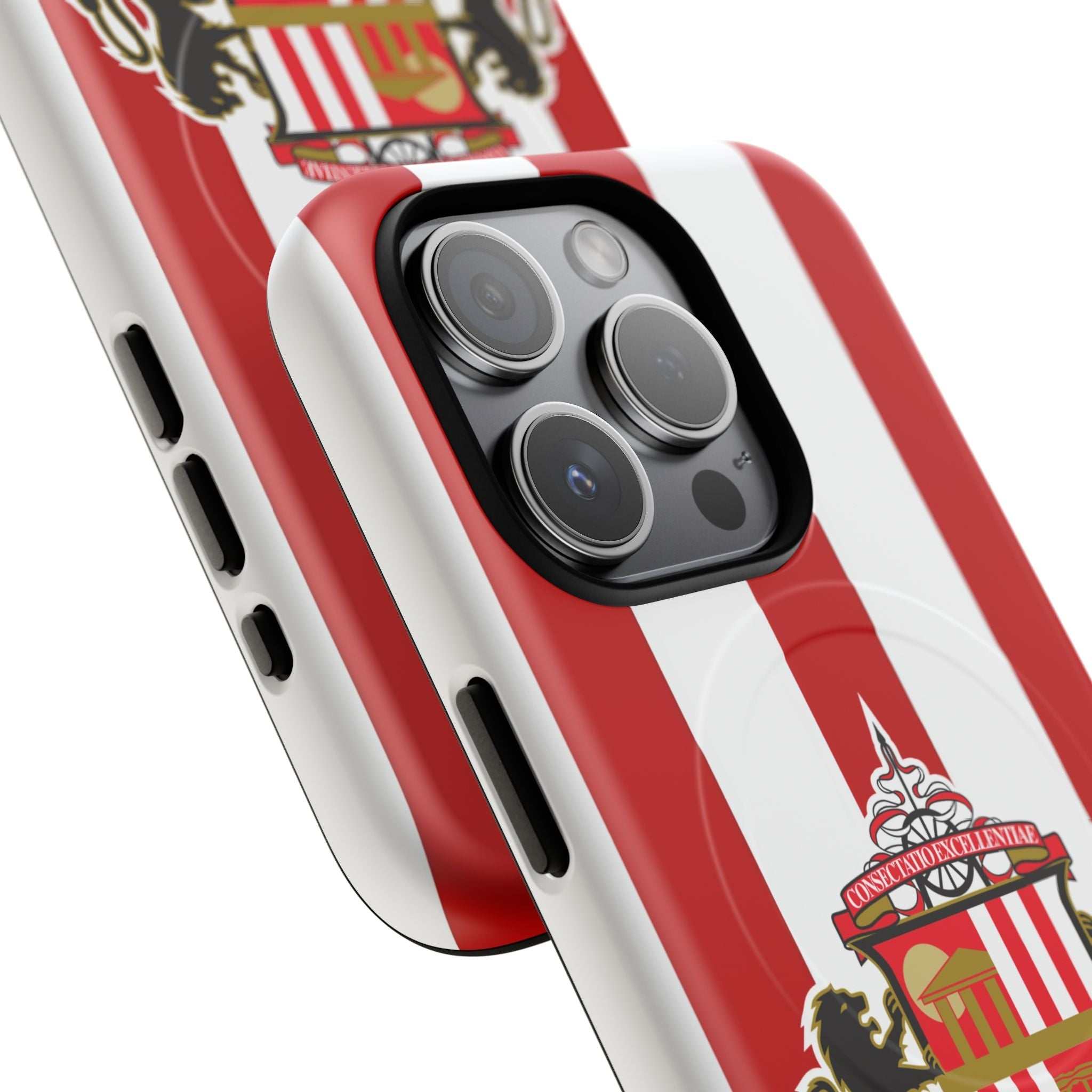 Sunderland FC MagSafe iPhone case with red and white stripes and club-inspired crest, shock-absorbing dual layer protection.