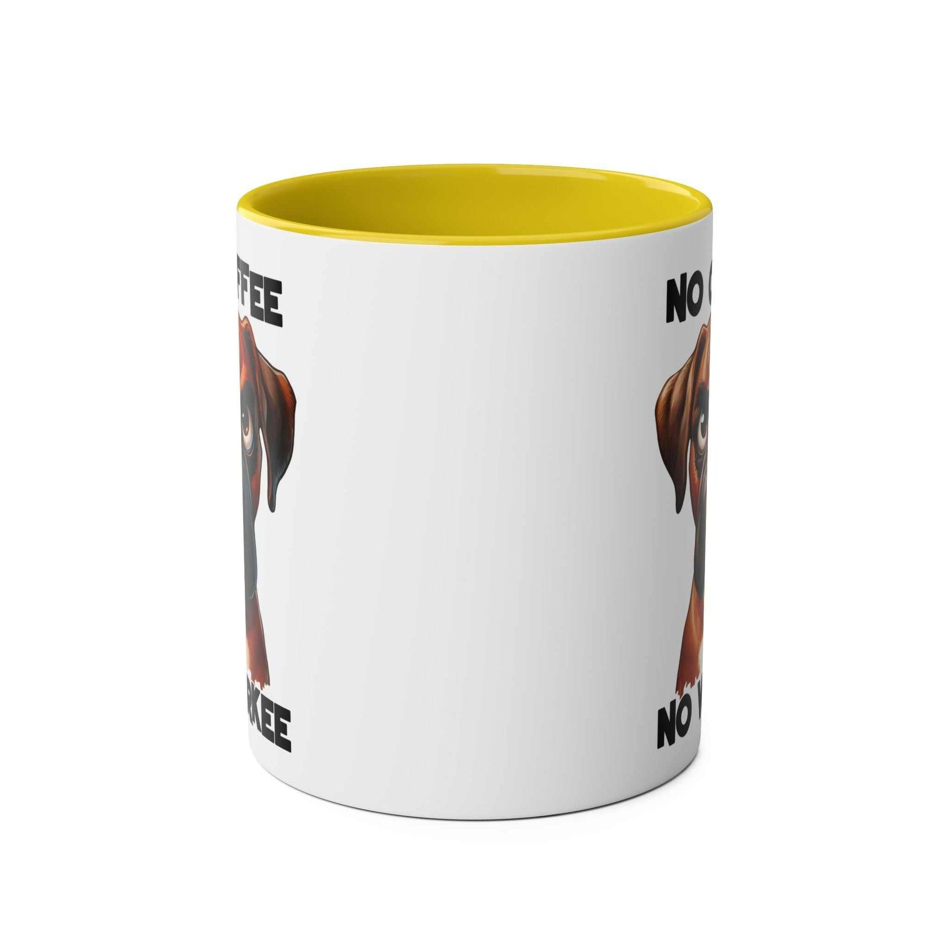 No Coffee No Workee Mug with sarky dog design and yellow interior.